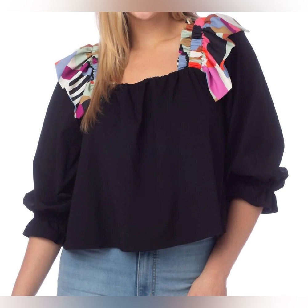 Crosby Black Puff Sleeve Ruffled Blouse
